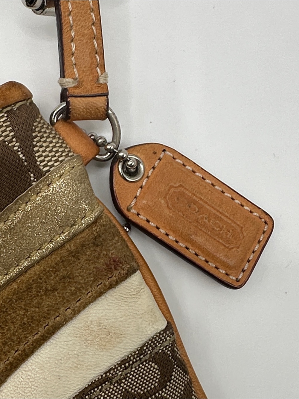 Coach Metallic Gold Tan and Brown Signature Stripe Wristlet - Picture 2 of 6